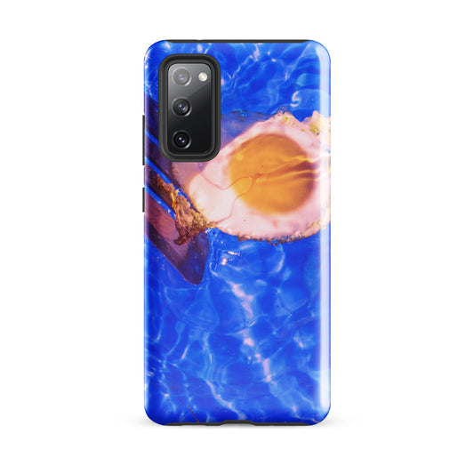 Phone case with a egg in water design on a blue background
