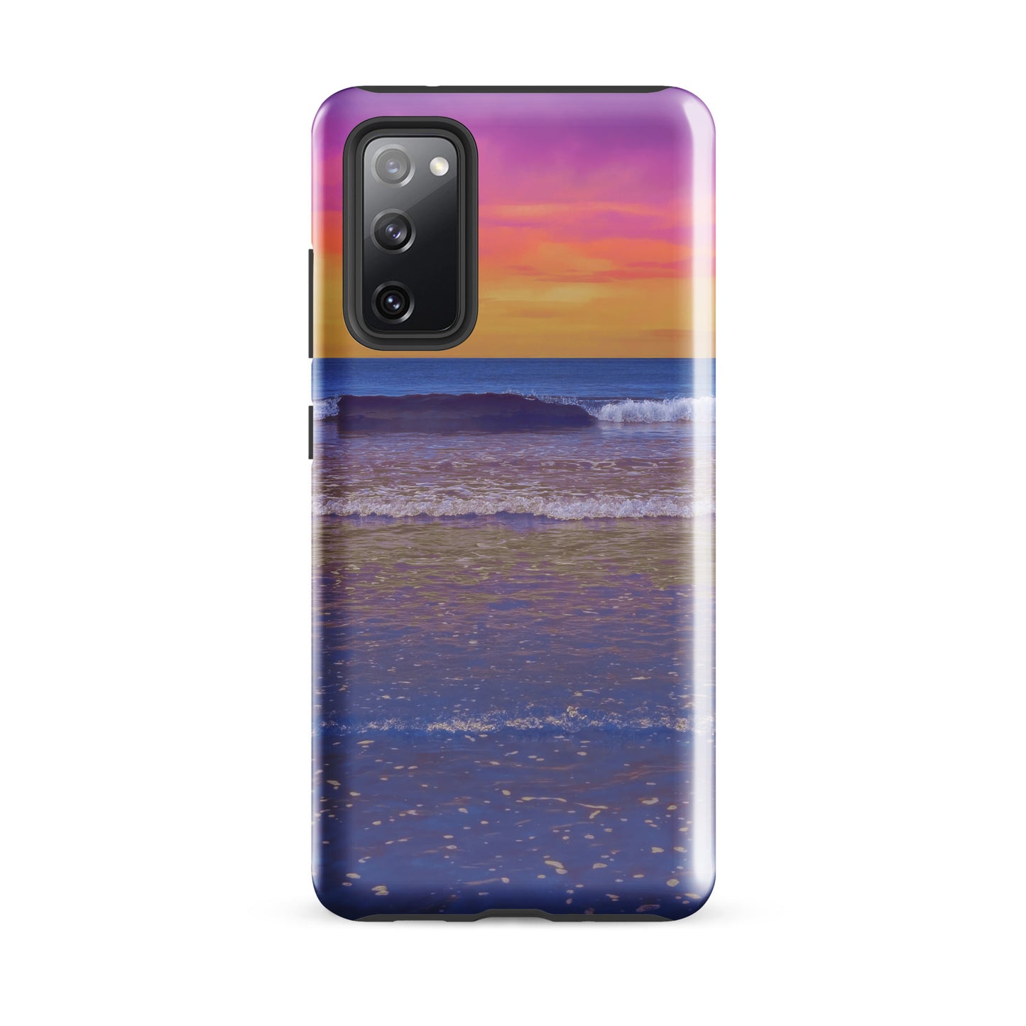 Phone case with a beach sunset design on a white background