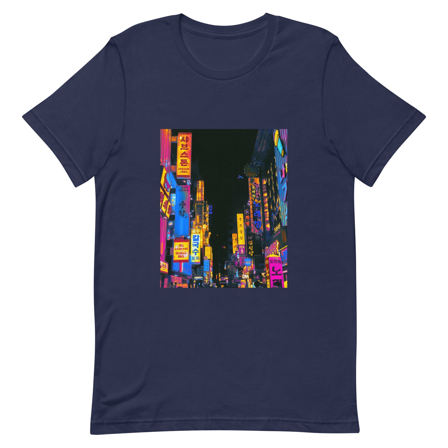 neon city street fine art graphic tee in navy — pink orange and yellow Seoul night photography print — unisex staple tee flat lay — Nathan Head Photography