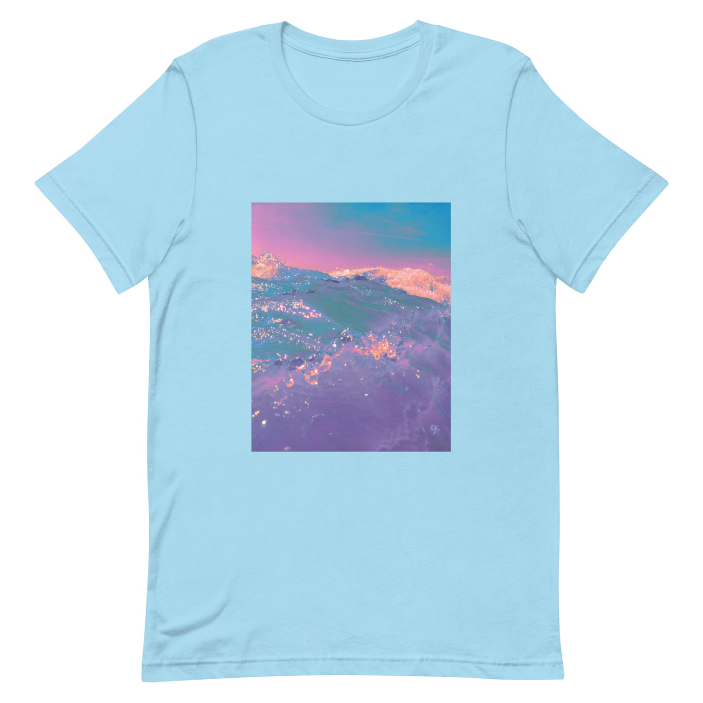 ocean wave fine art graphic tee in ocean blue — purple pink and gold coastal photography print — unisex staple tee flat lay — Nathan Head Photography