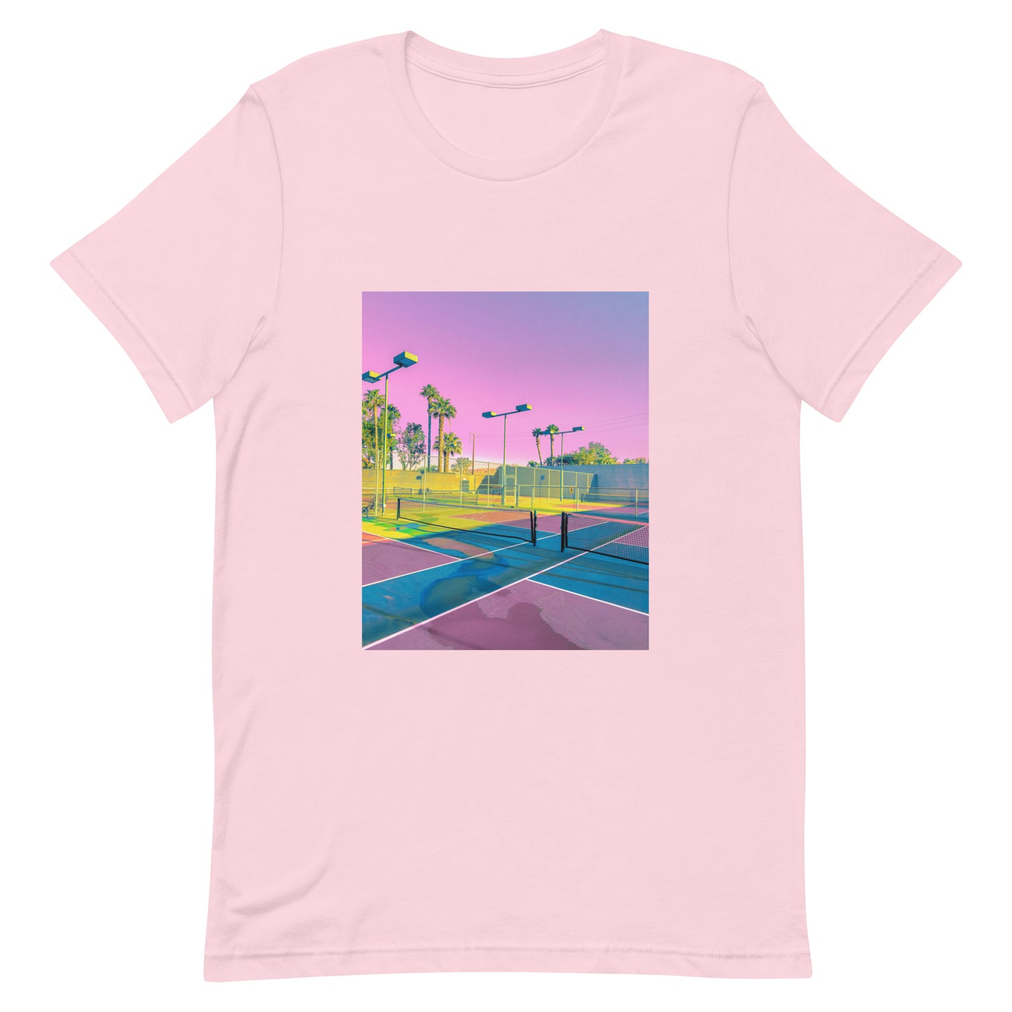 retro americana tennis court fine art graphic tee in soft pink — purple pink and yellow photography print — unisex staple tee flat lay — Nathan Head Photography
