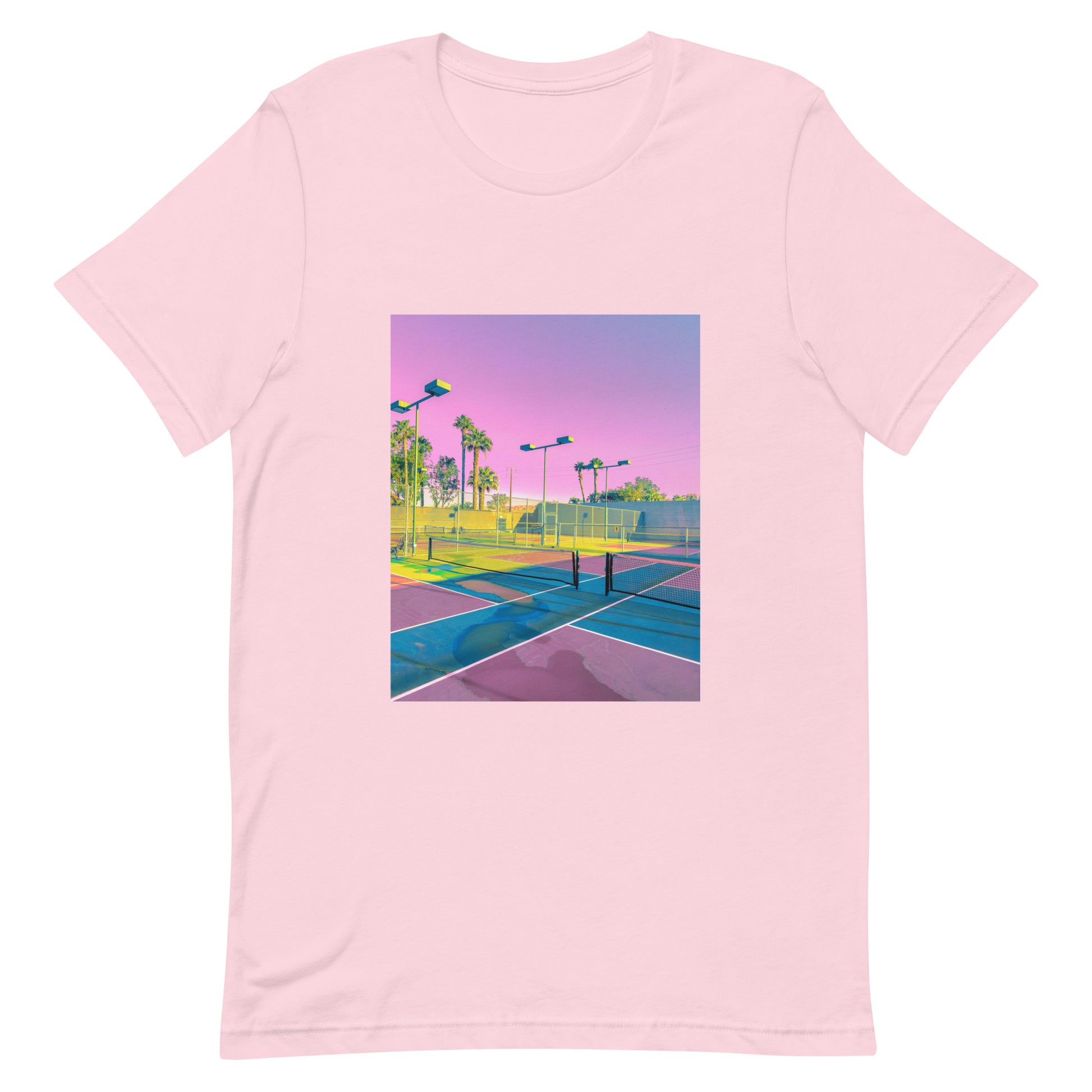 retro americana tennis court fine art graphic tee in soft pink — purple pink and yellow photography print — unisex staple tee flat lay — Nathan Head Photography