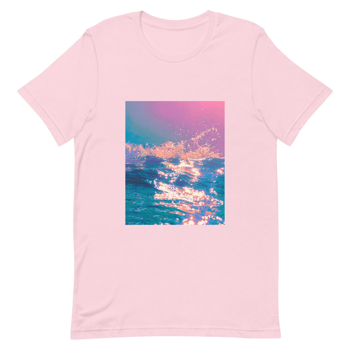 Pink t-shirt with a sunset over water design on a white background