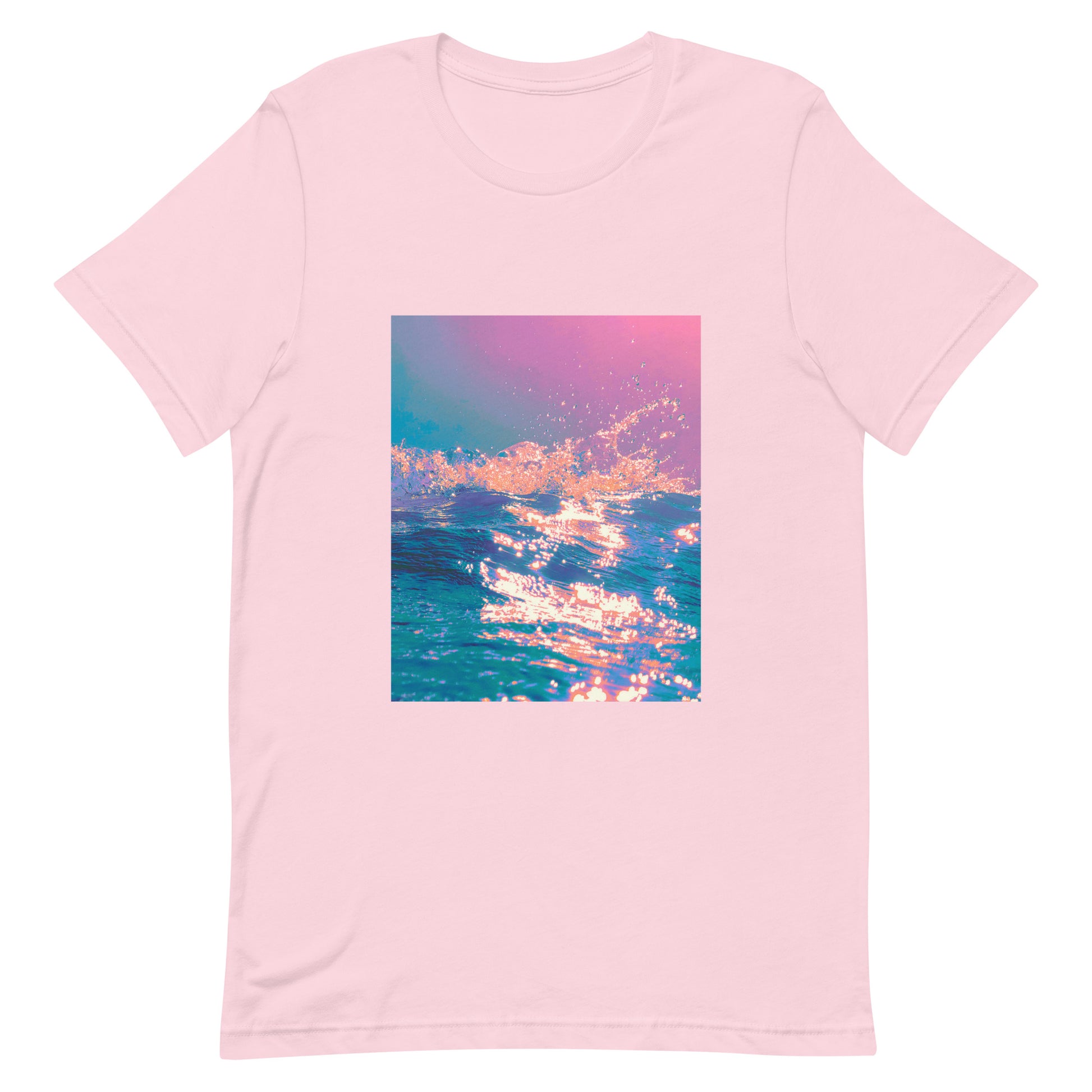Pink t-shirt with a sunset over water design on a white background
