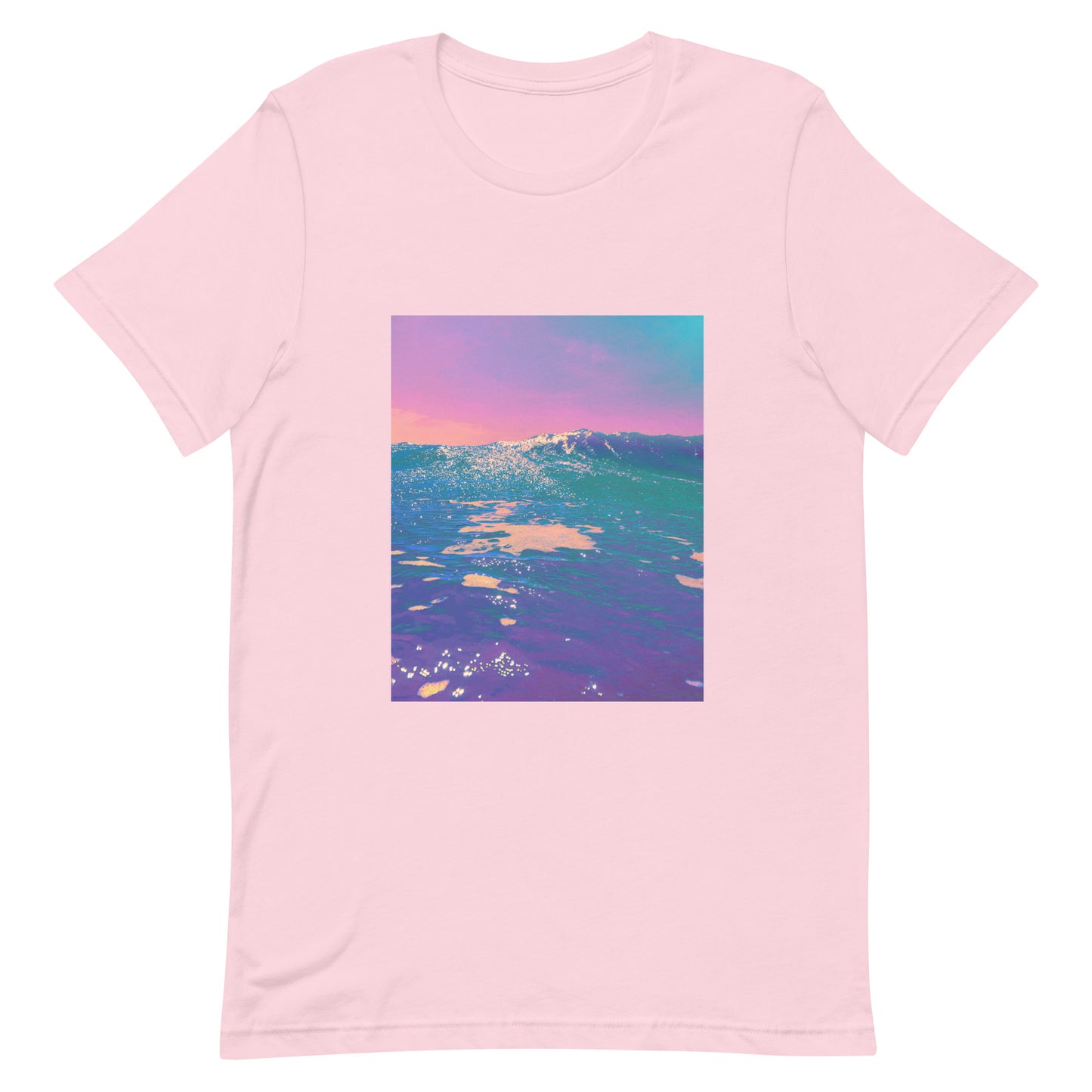 Pink t-shirt with a colorful ocean graphic on a white background