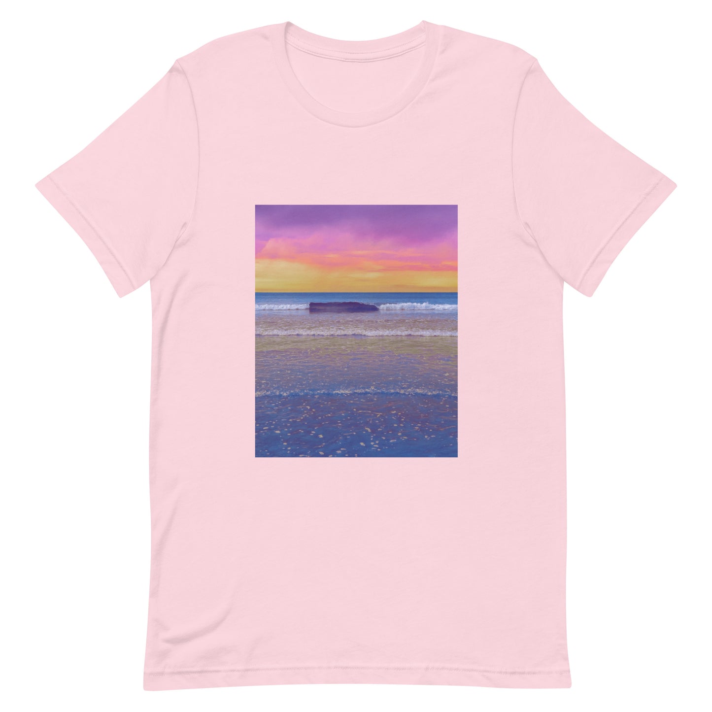 Pink t-shirt with a colorful beach scene print on a white background