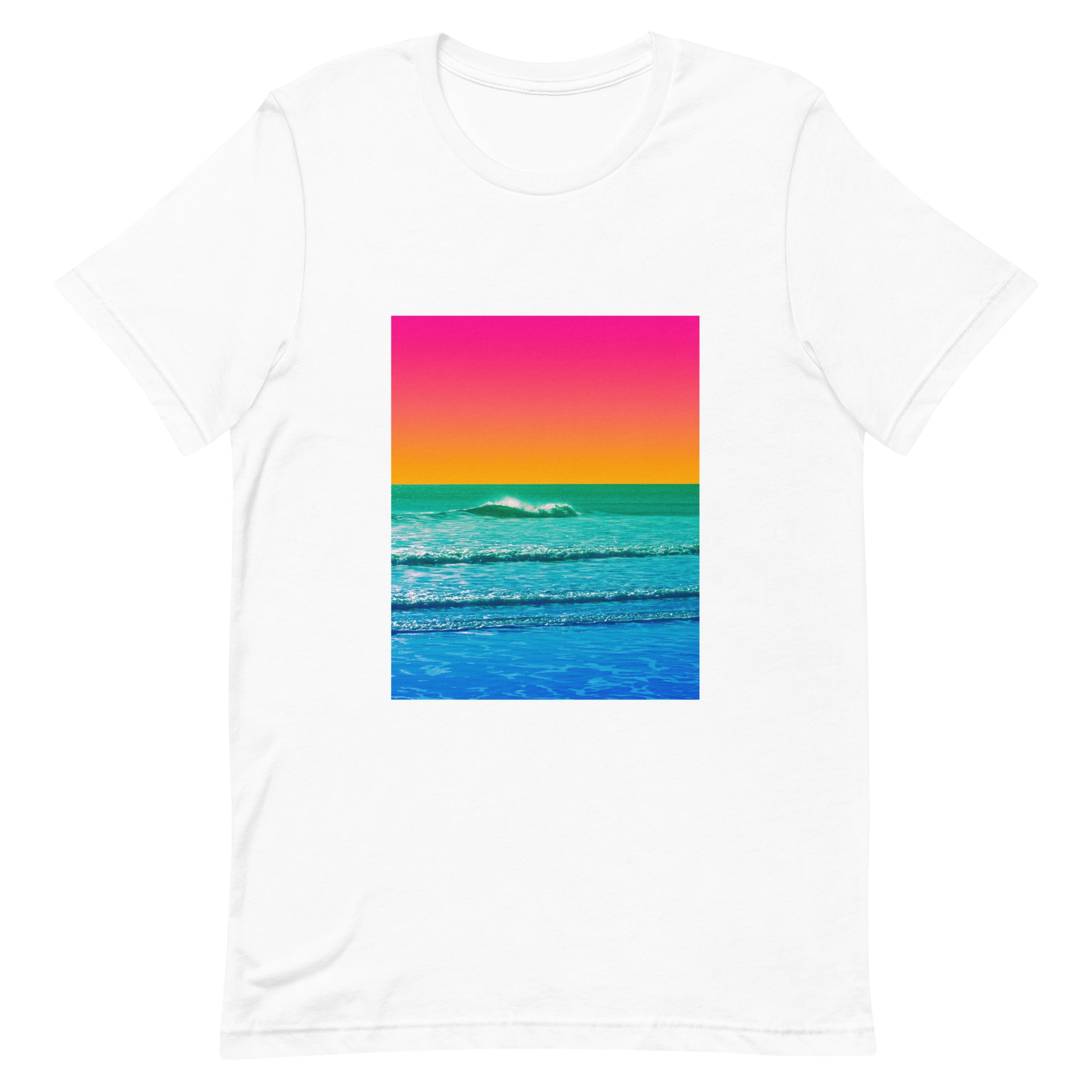 retro sunset ocean fine art graphic tee in white — pink orange and teal coastal photography print — unisex staple tee flat lay — Nathan Head Photography