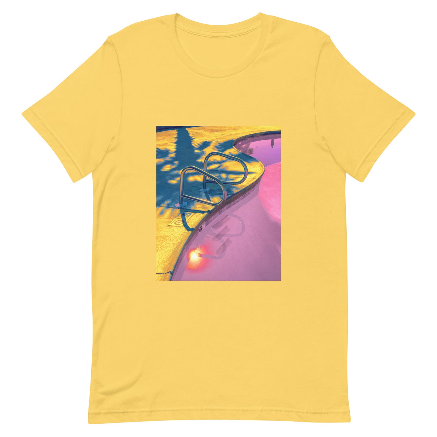 retro americana swimming pool fine art graphic tee in yellow — pink gold and teal photography print — unisex staple tee flat lay — Nathan Head Photography
