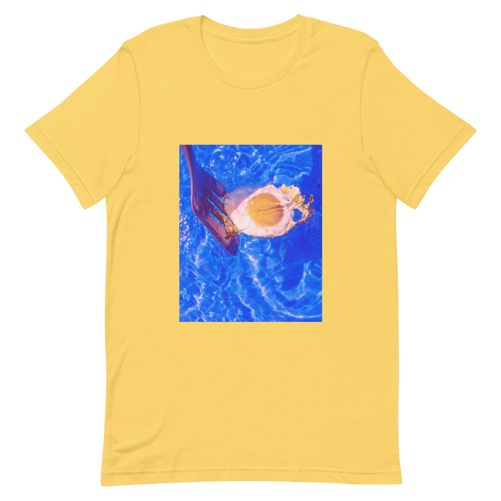 Yellow t-shirt with a graphic of an egg in water.