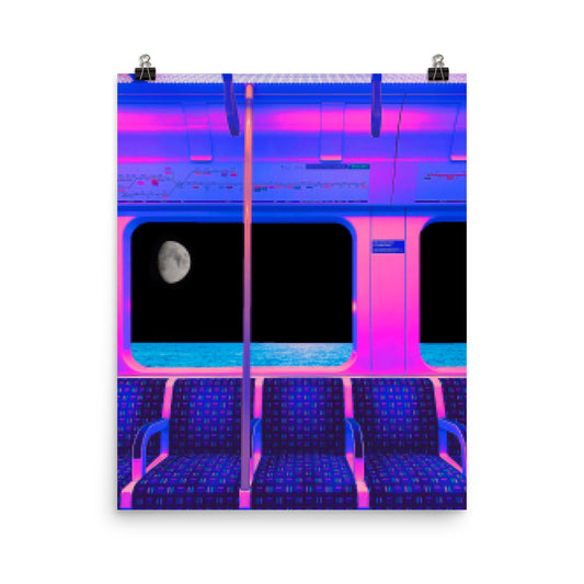 Pixelated vaporwave midnight train photography poster print by Nathan Head.