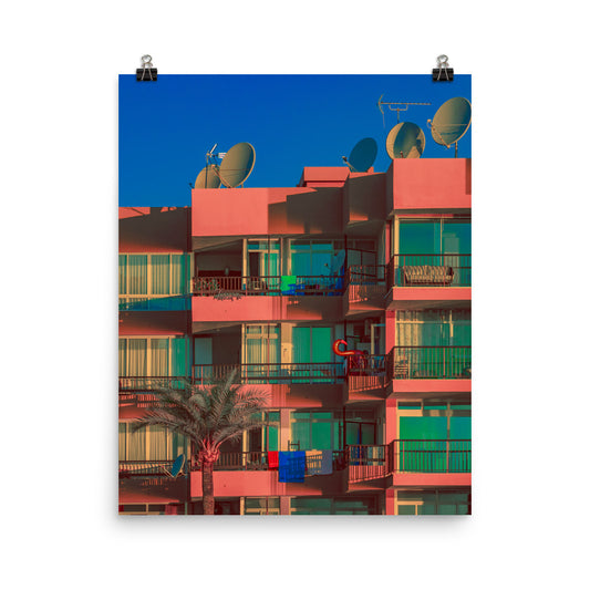 Vaporwave pink buildings retro photography poster print by Nathan Head.