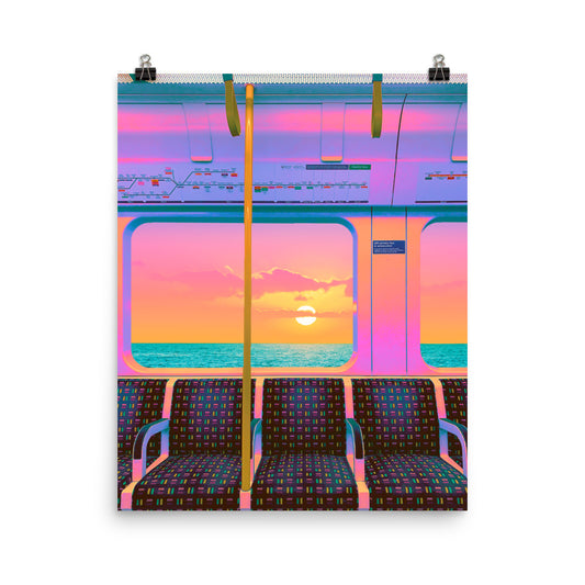 Vaporwave sunset train ocean photography poster print by Nathan Head.